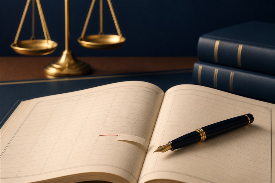 Libro de registro civil, pluma y balanza jurídica